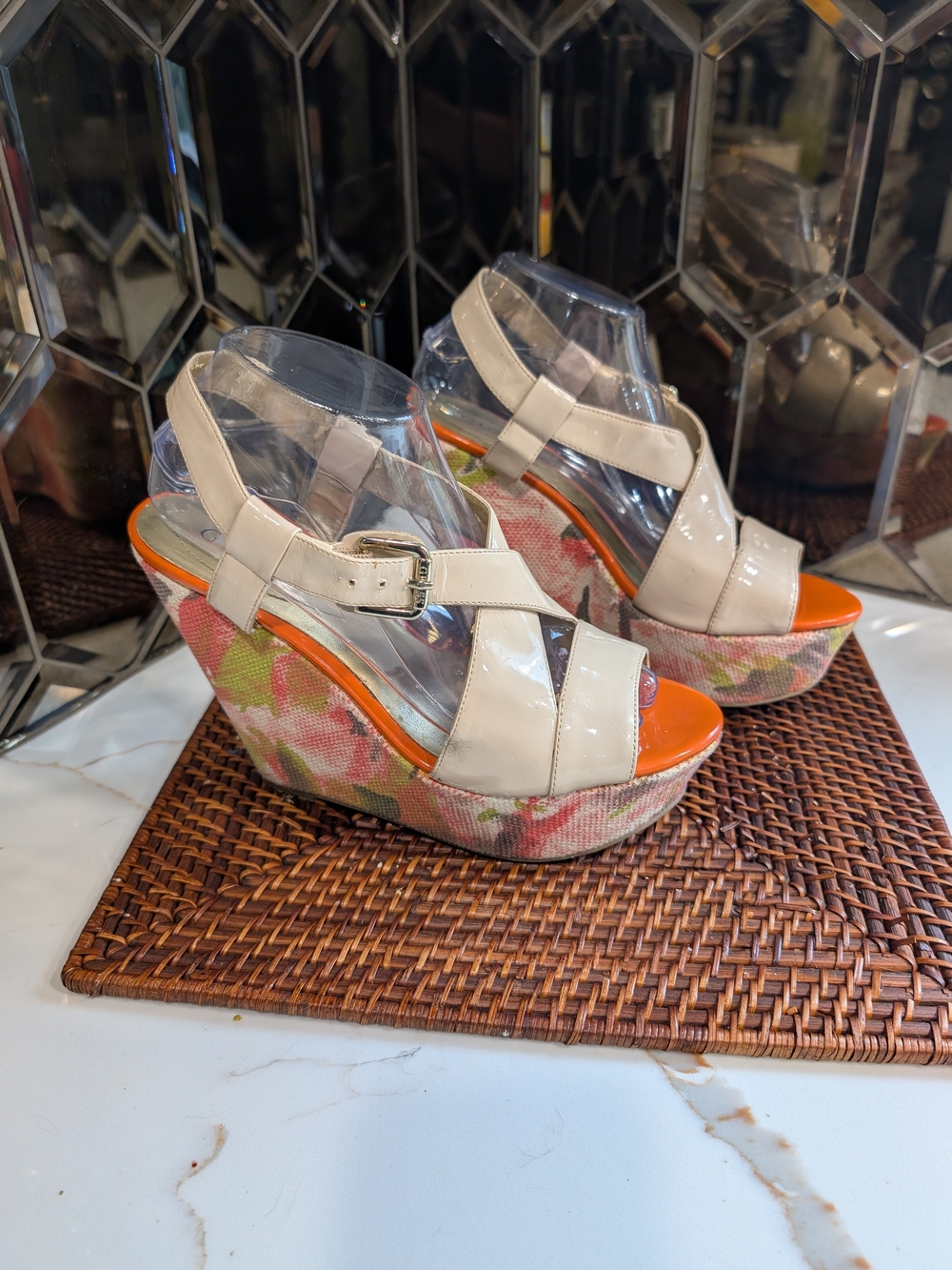 GUESS Beige Patent Leather Floral Canvas Wedge Sandals with Orange Insole